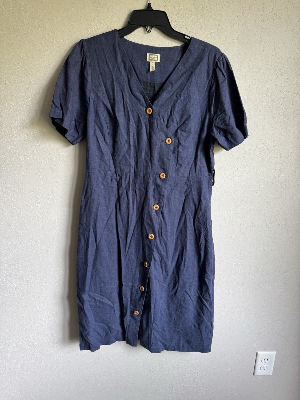 Mo:Vint Navy Linen Blend A-Line Button Up Dress Womens L Vintage Inspired